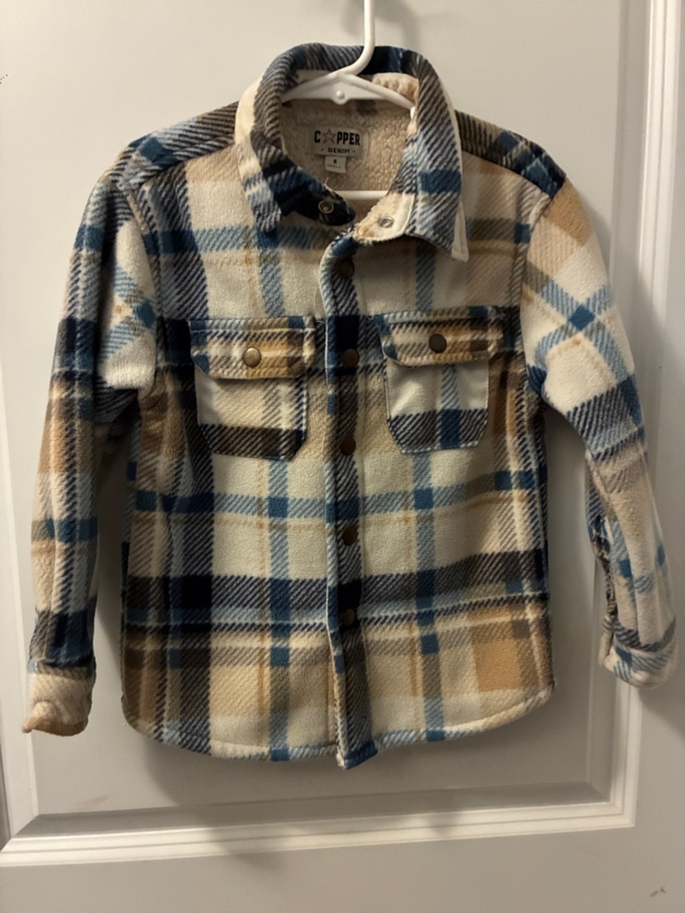 Copper Denim Kids Plaid Fleece Shacket - Cream, Blue & Tan
